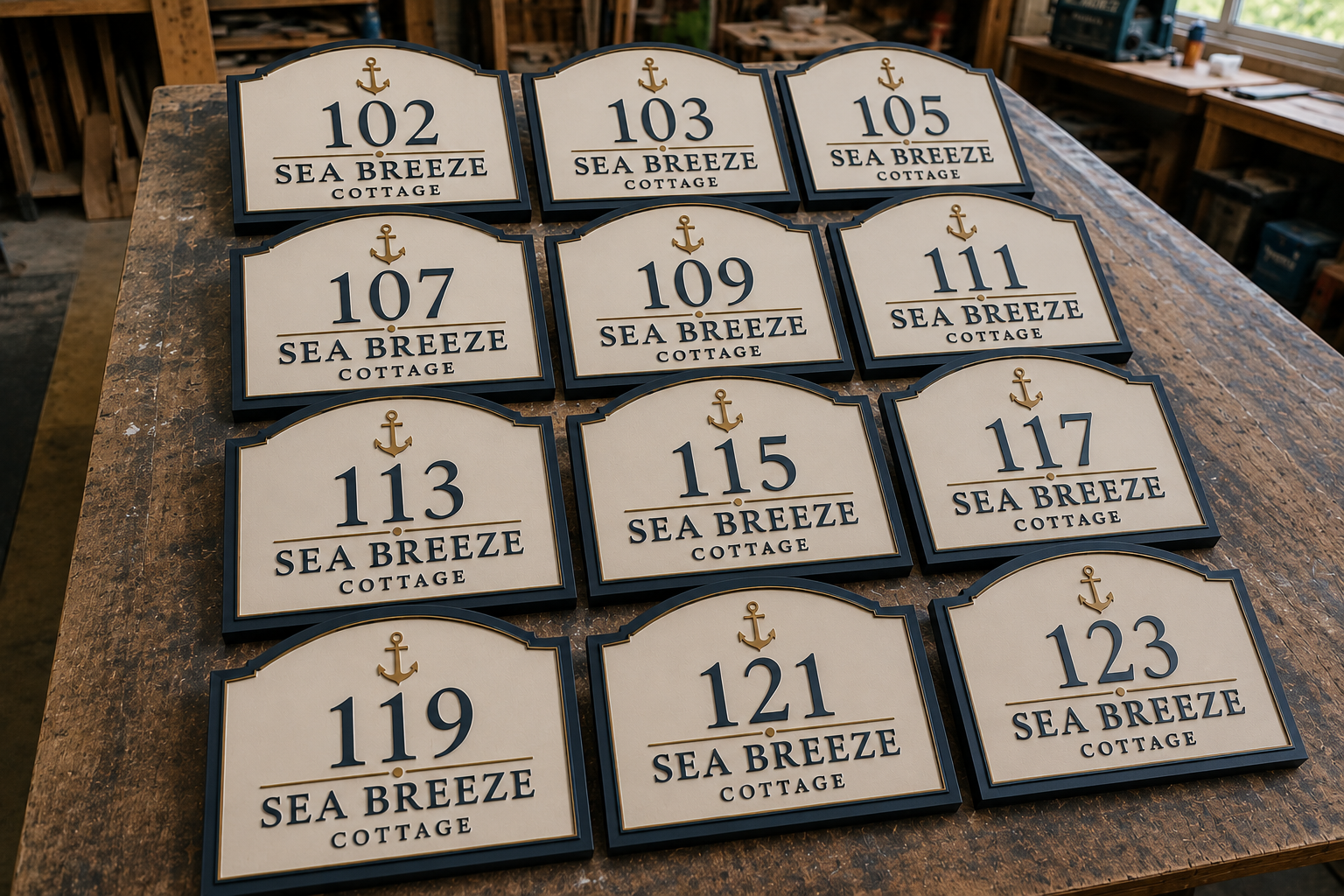 Custom PVC cottage number plaque mounted outdoors